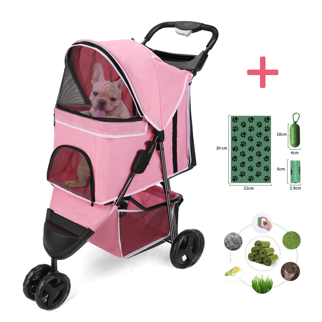 carreola para mascotas perro 3 Wheel Foldable Cat Dog Stroller with Storage Basket, Handle 360° Pet Dog Stroller - Firu Total Sales