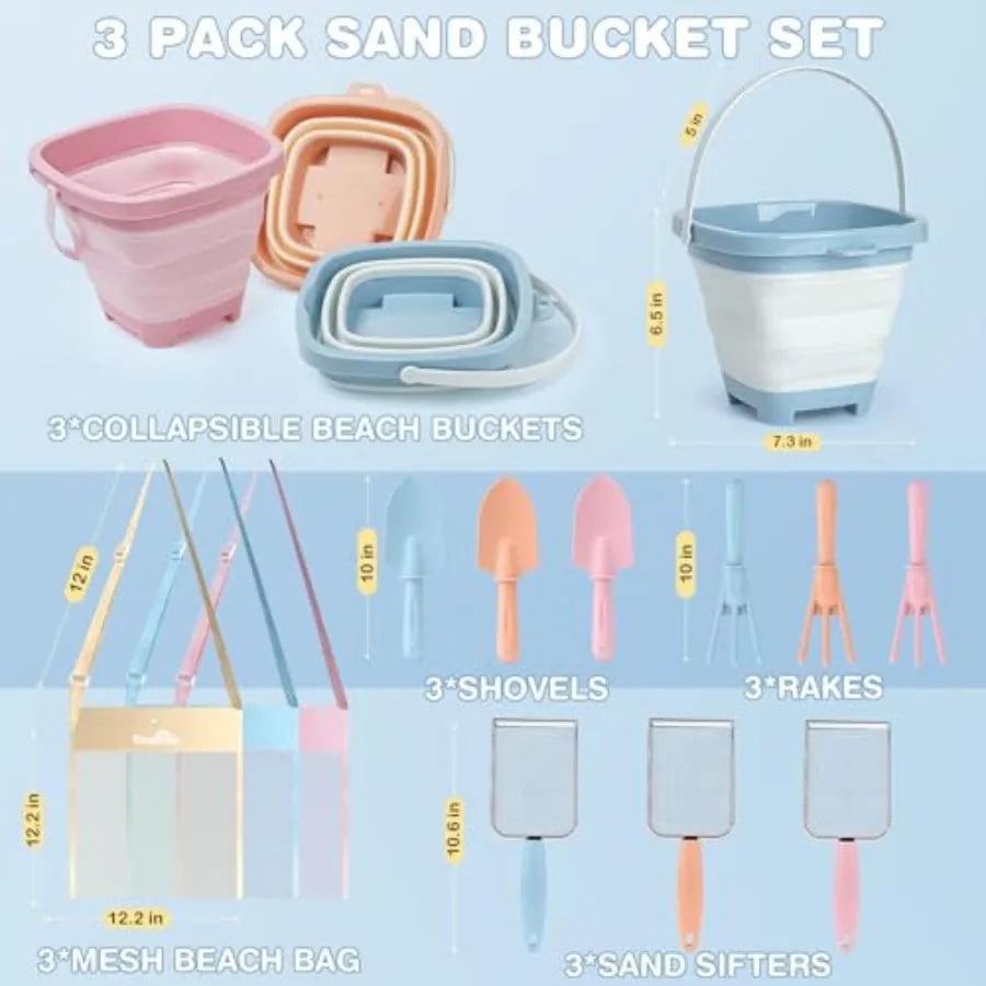 Set de Juguetes de Arena para Playa - 3 Cubetas Plegables con Pala y Bolsa de Malla