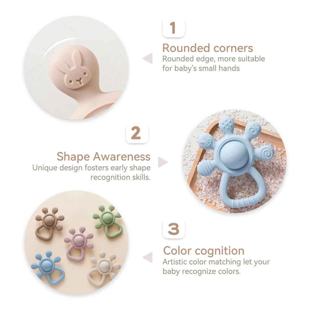 BPA Free Silicone Baby Teether — Sensory Rattle + Hand Bell | 0-12 Months