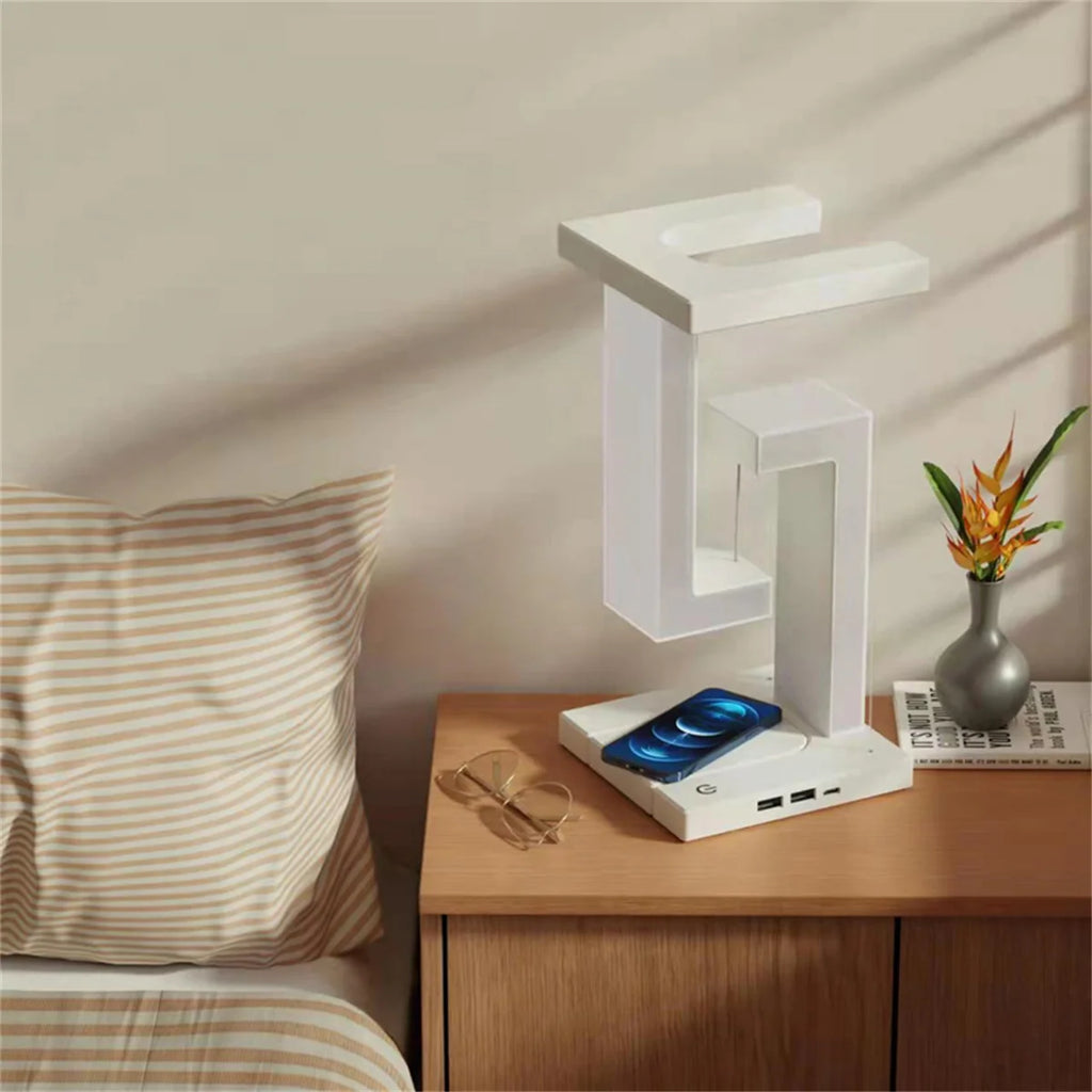 Floating Desk Lamp with Wireless Charger | USB Output | iPhone Charging Dock | Bedside Table Lamp
