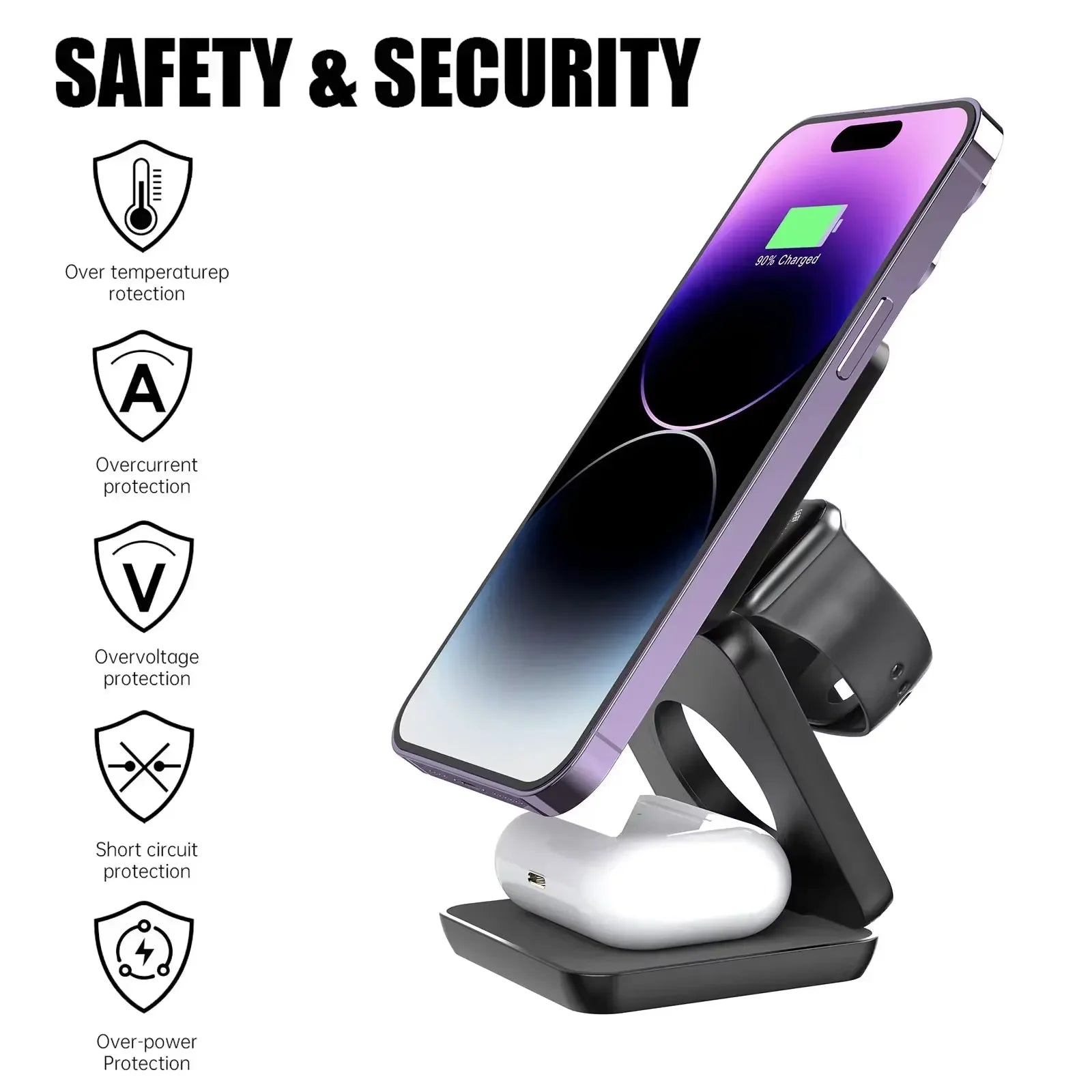 3-in-1 Foldable Wireless Charging Station | iPhone + Apple Watch + AirPods | 15W Fast Charge