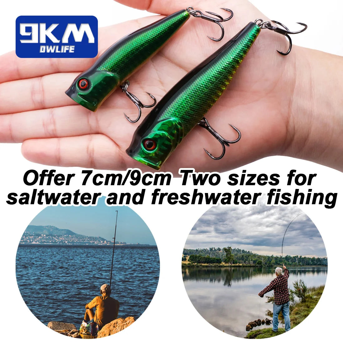 Popper Topwater 9KM DWLIFE | 7-9cm | Agua Salada | Bass, Lucio y Salmón | Anzuelos Triples | Ojos 3D - Firu Total Sales