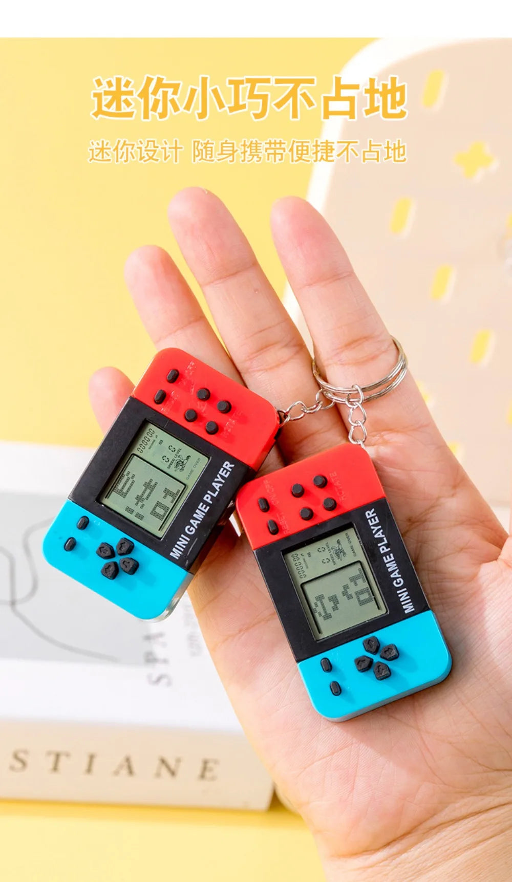 Blue Retro Mini Handheld Game Console Keychain With Bells, Cute Backpack Pendant Video Game Keyring