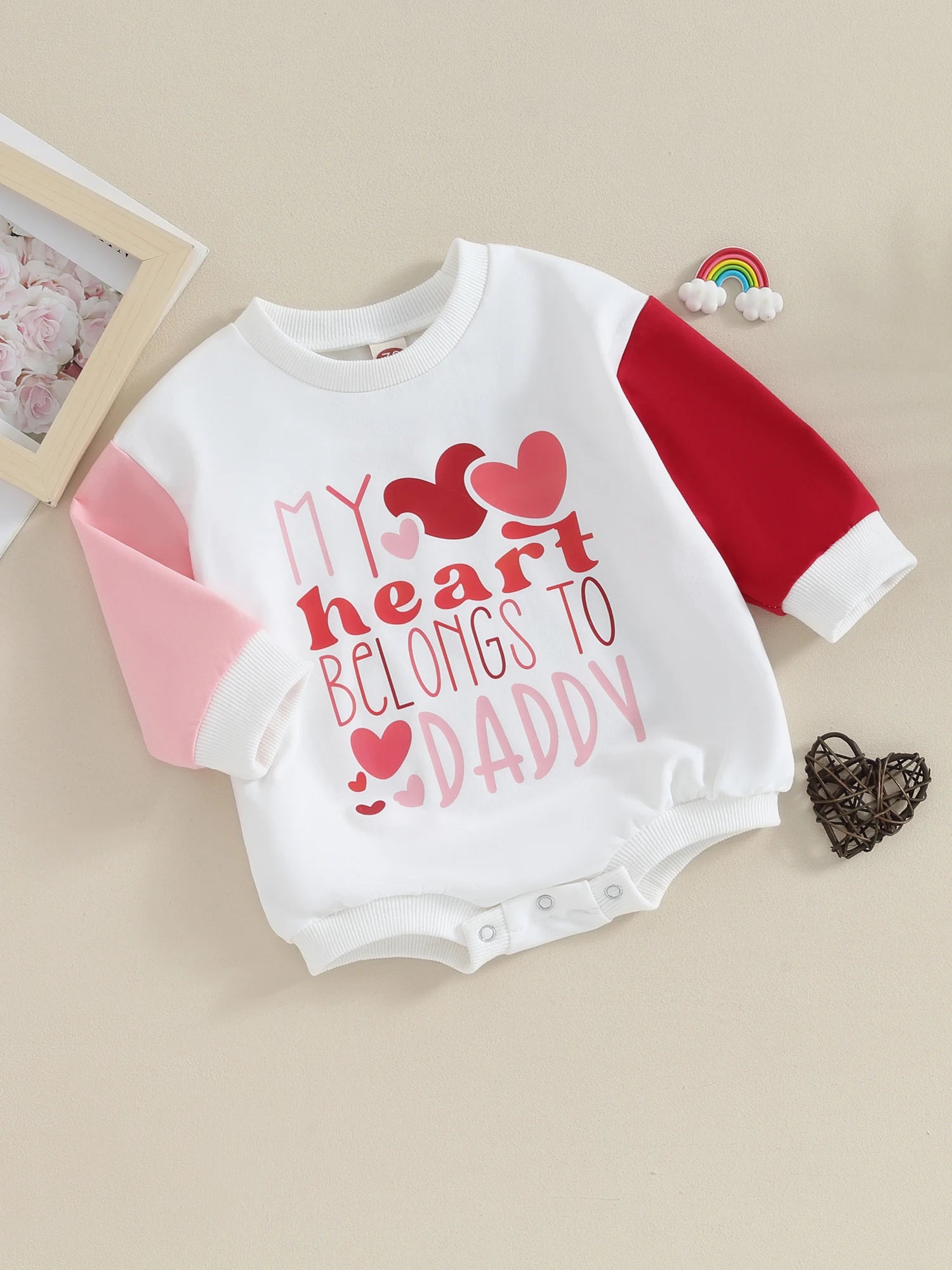Infant Girls Valentine s Day Jumpsuit with Heart Print and Long Sleeve Crew Neck Contrast Color Sweatshirt Romper - Firu Total Sales