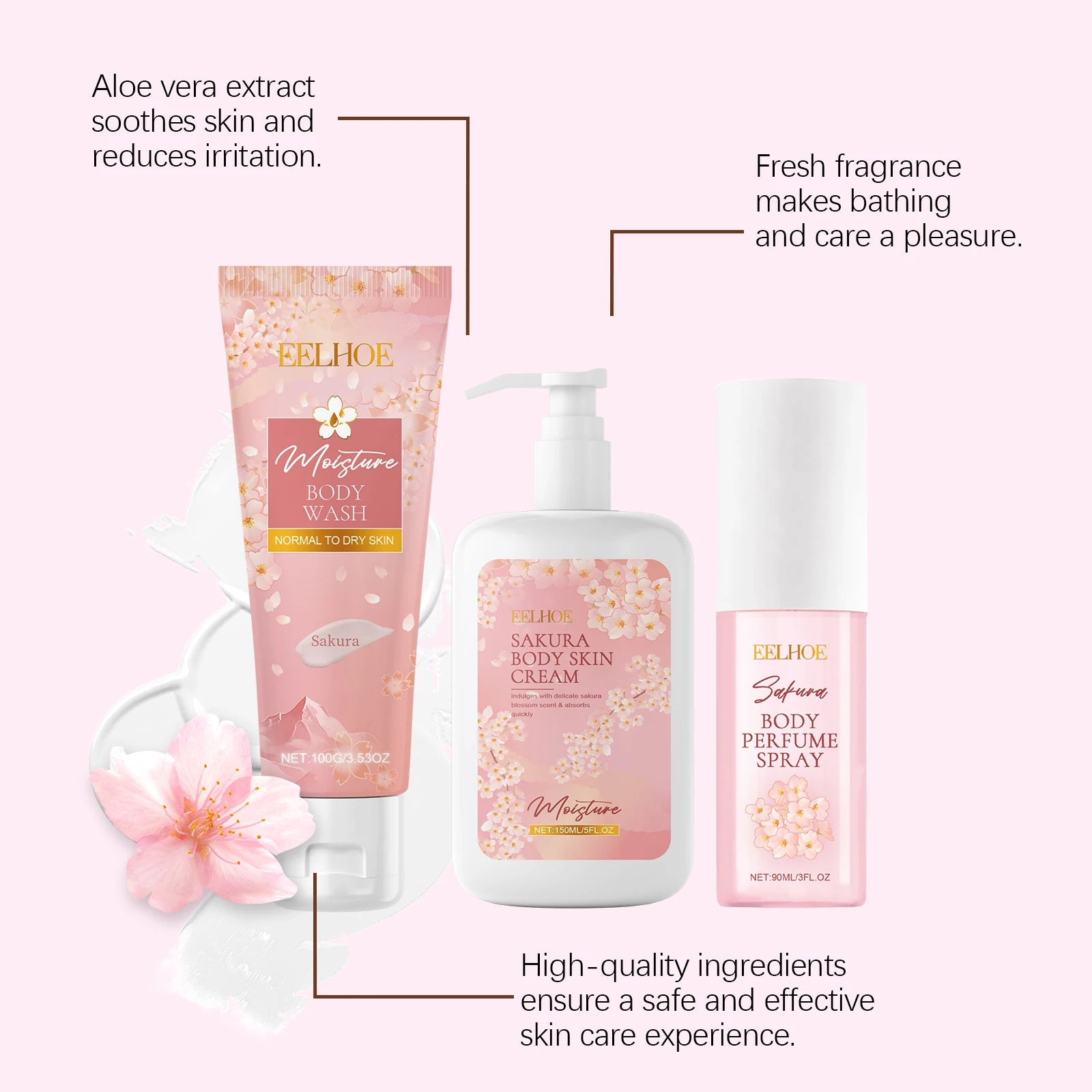 EELHOE Sakura Flower Body Skin Care Set Lasting Moisturizer Body Lotion for Brightening Skin Lightening Shower Gel Perfume Spray