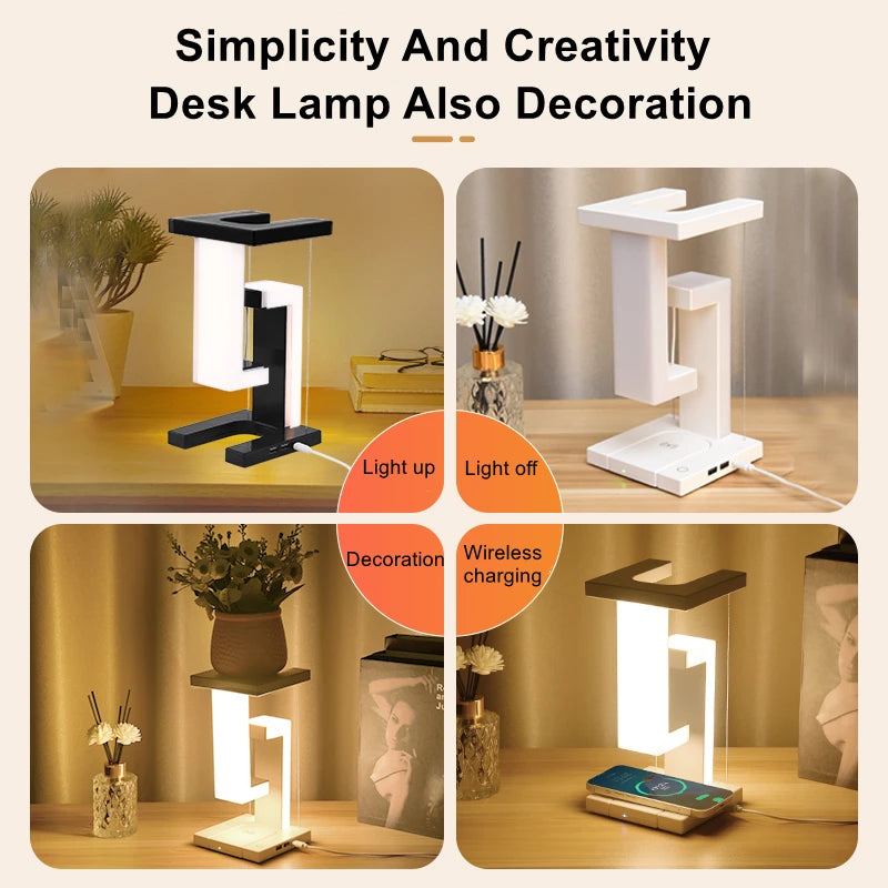 Floating Desk Lamp with Wireless Charger | USB Output | iPhone Charging Dock | Bedside Table Lamp
