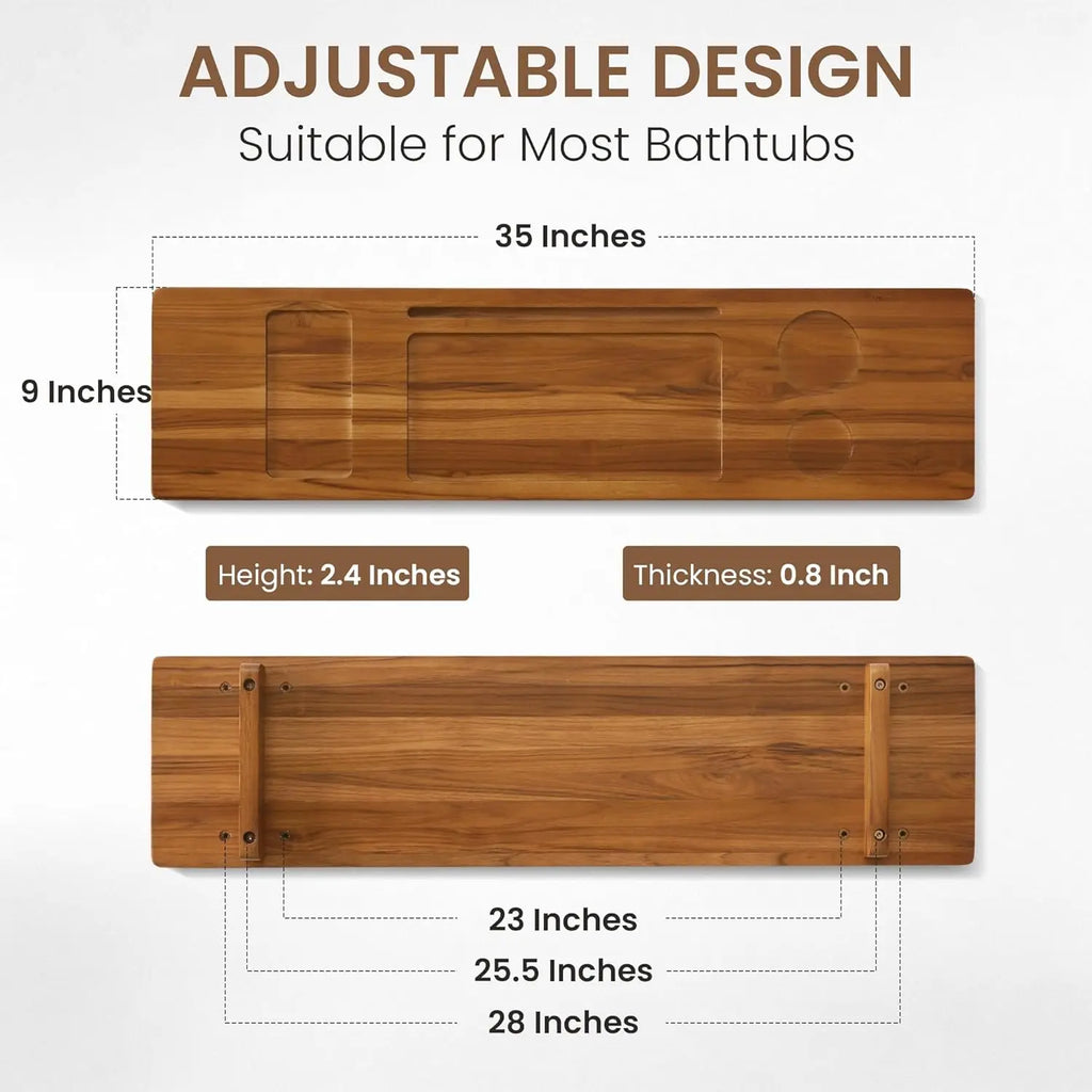 Teak Bathtub Tray - Wood Bath Caddy Tray 35" for Large Tubs - Adjustable Bathtub Table Trays - Luxury Shower Organizer f