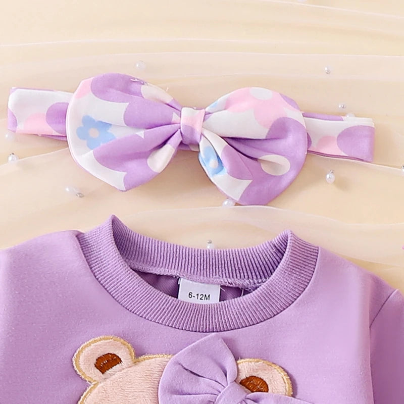 Cute Toddler Girl Autumn Ensemble Bear Embroidered Sweatshirt Floral Flare Pants Headband - 3 Piece Set for Fall