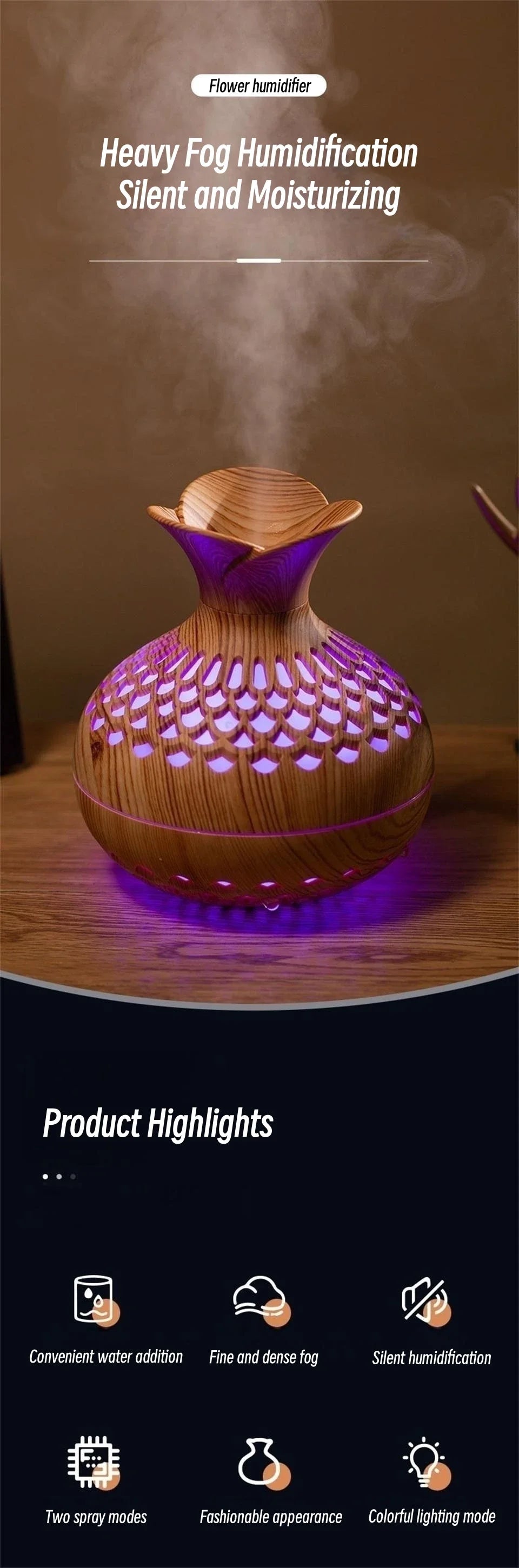 Humidificador Jarrón Veta de Madera | Difusor Ultrasónico | Purificador de Aire 🌿