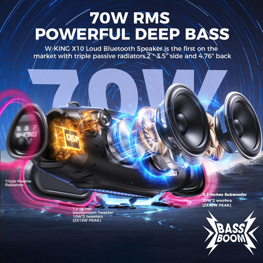 W-KING 70W Waterproof Portable Loud Bluetooth Speaker, Wireless Outdoor Boombox SubwooferTriple Passive Radiators-Deep Bass