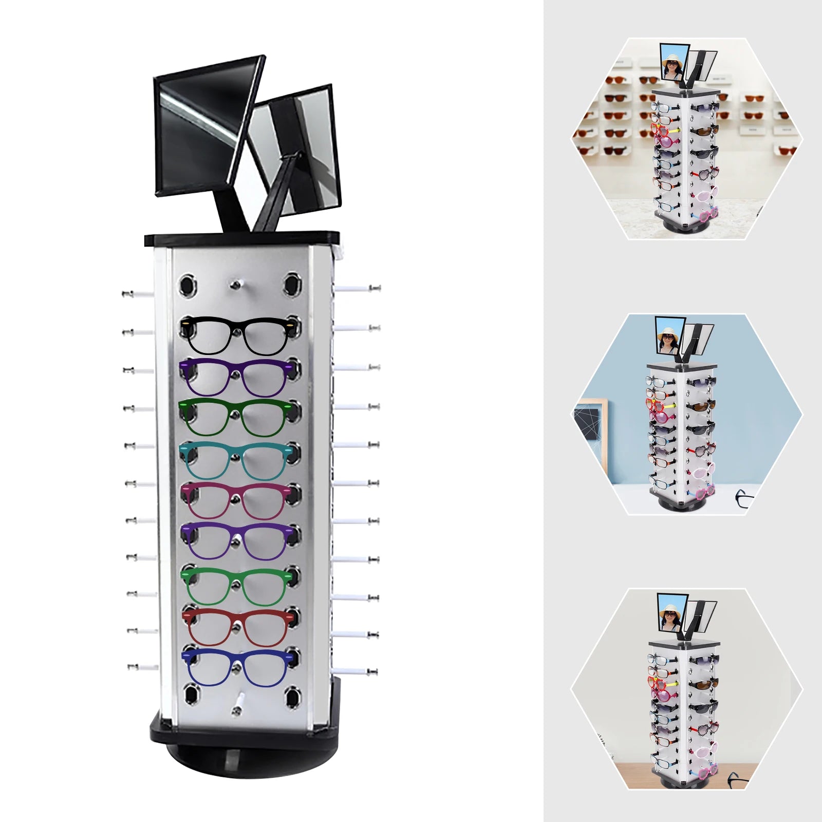 44 Pairs Rotating Eyeglasses Display Stand with 2 Mirrors 86cm Large Capacity Freestanding Sunglass Holder for Shops