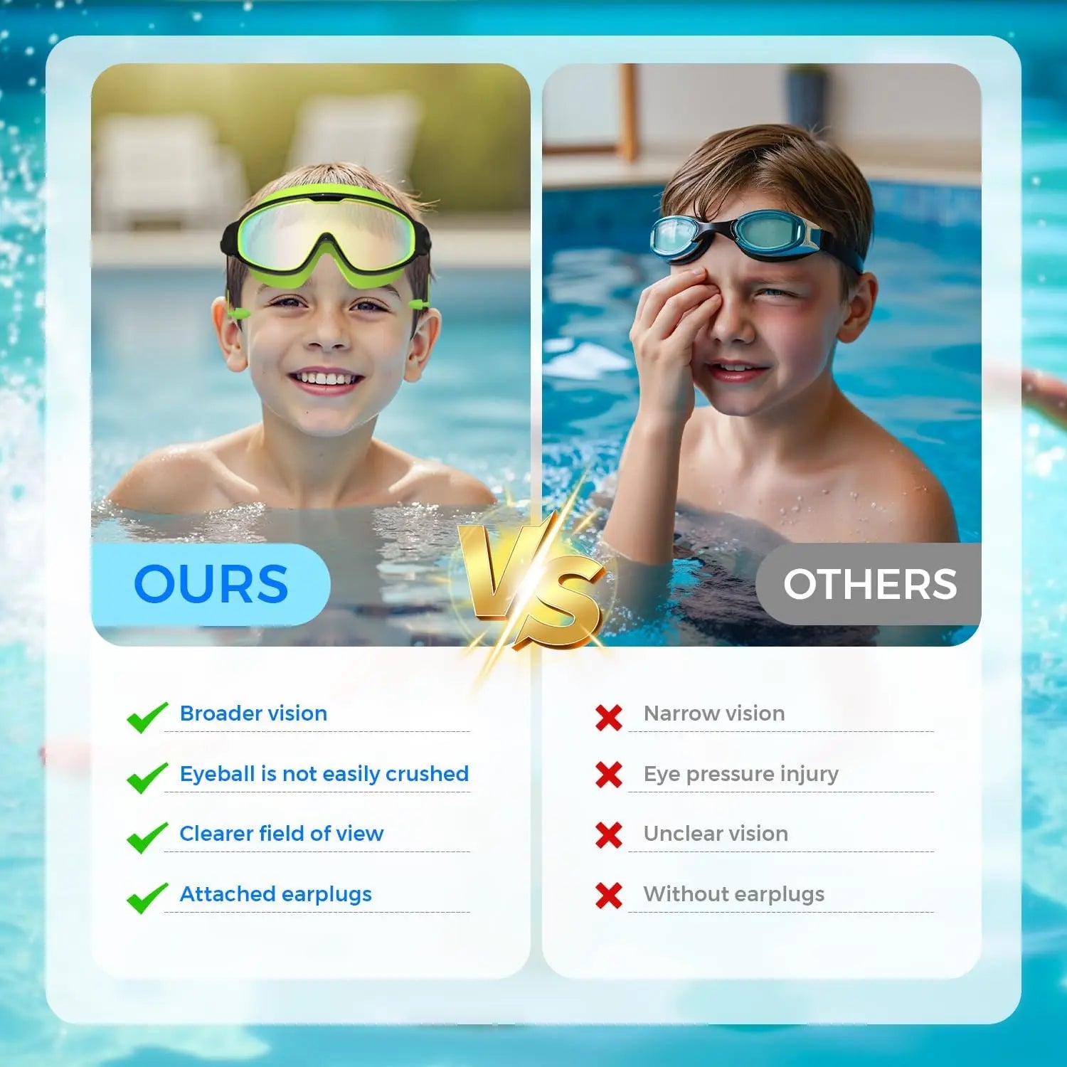 Kids Swim Goggles with Earplugs, Anti-Fog UV Protection for Boys Girls Ages 3-15, Large Frame 2PCS