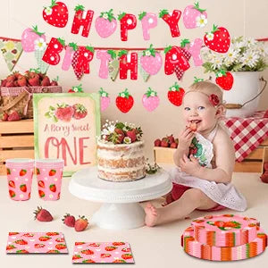 75Pcs Strawberry Birthday Party Plates Napkins Forks Supplies Summer Fruit Tableware Set Strawberry Theme Decoration for Girls