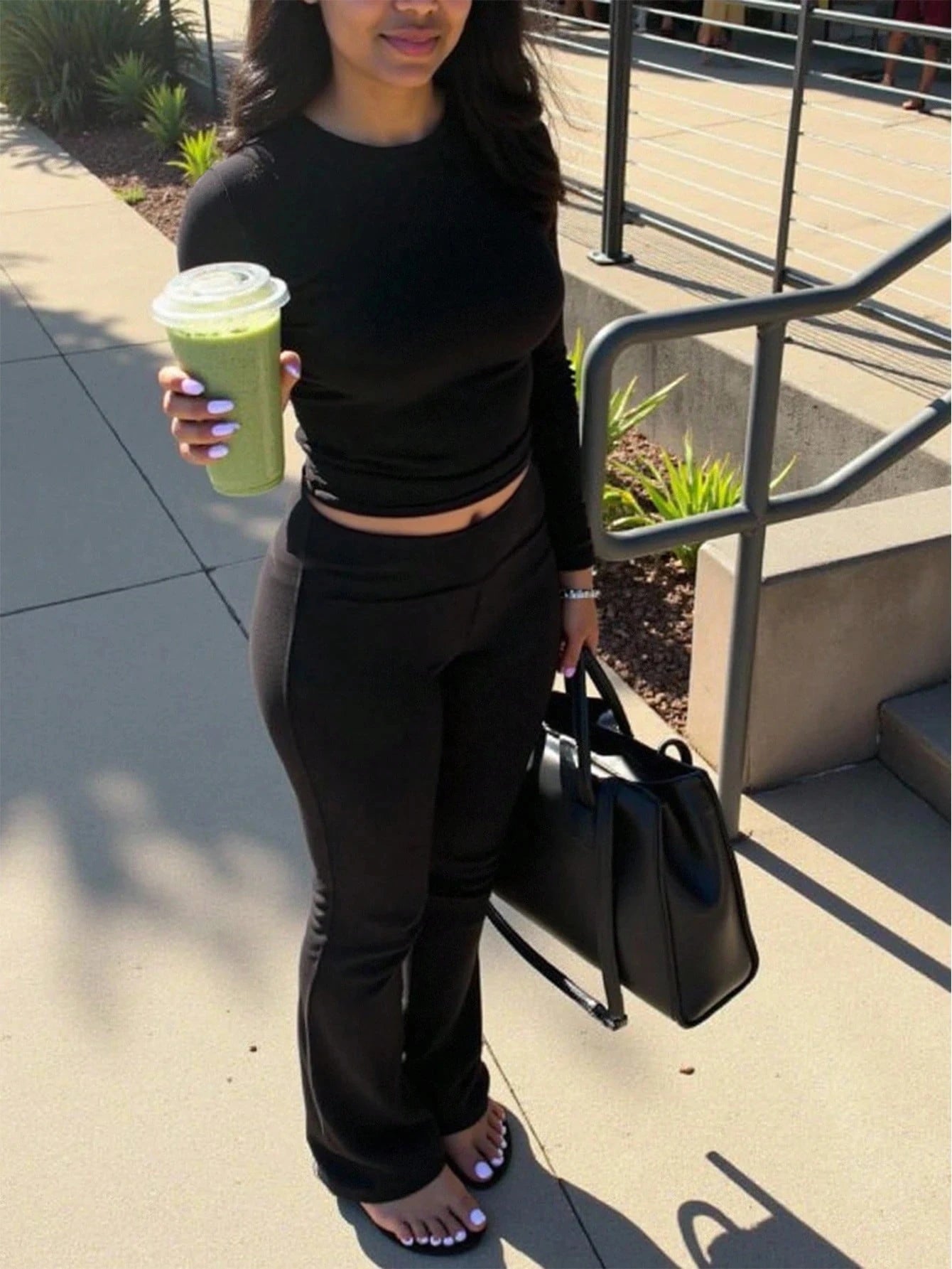 Women's solid color long-sleeve round-neck T-shirt and flare pants casual two-piece set, sportswear set, fitness set
