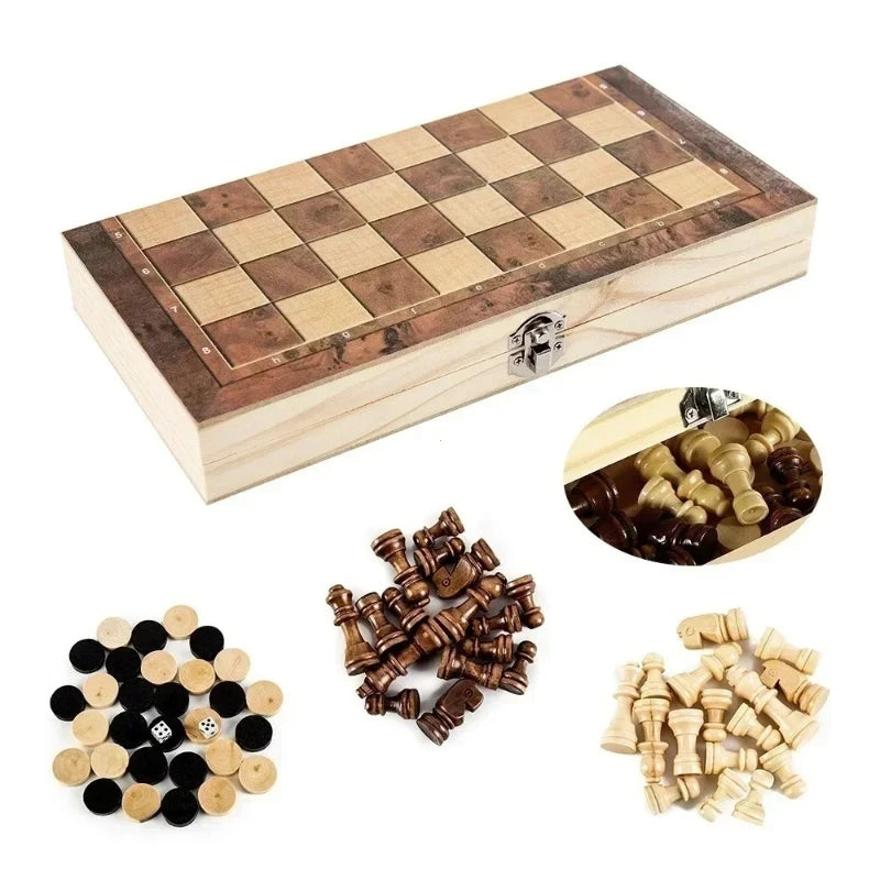 3in 1 Portable Travel Chess Checker Backgammon, Folding Storage Wooden Chess Set, International Checkers Board Game Kids Adults