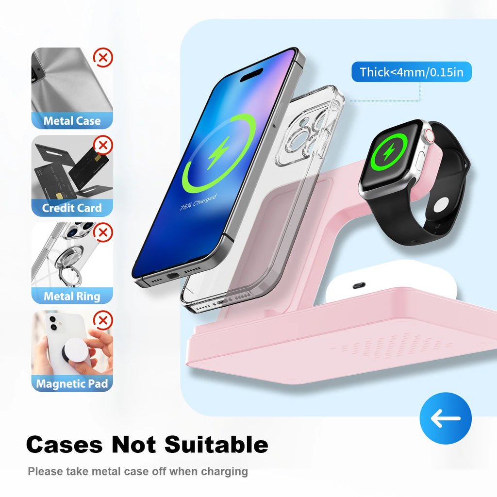 3-in-1 Magnetic Wireless Charger Stand 15W | iPhone + Apple Watch + AirPods Dock