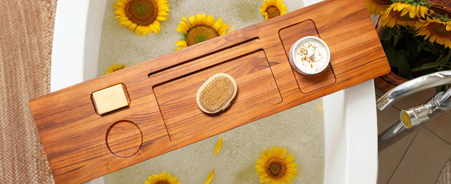 Teak Bathtub Tray Caddy - 29" Wide Adjustable Bathtub Table for Freestanding Tubs, Non-Slip Design with Phone/Wine Holder, Brown