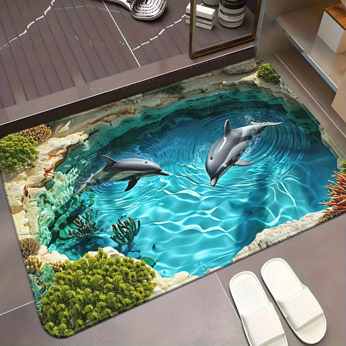 VIKAMA Dolphin Printed Carpet Waterproof and Anti Slip Machine Washable Living Room and Bathroom Quick Drying Floor Mat