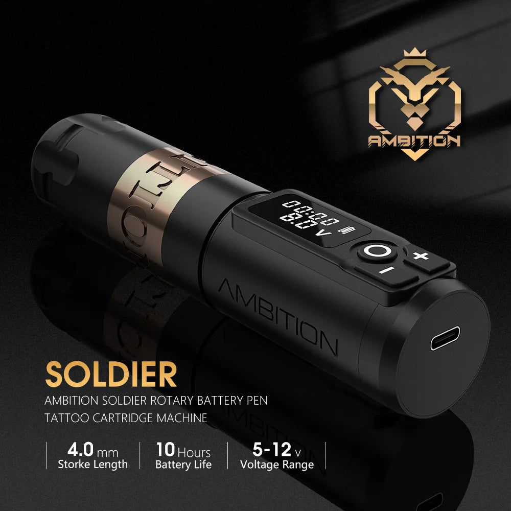 Ambition Soldier Wireless Tattoo Machine Rotaty Battery Pen 2400mAh LED Digital Display For Body Artwith Portable Power Pack