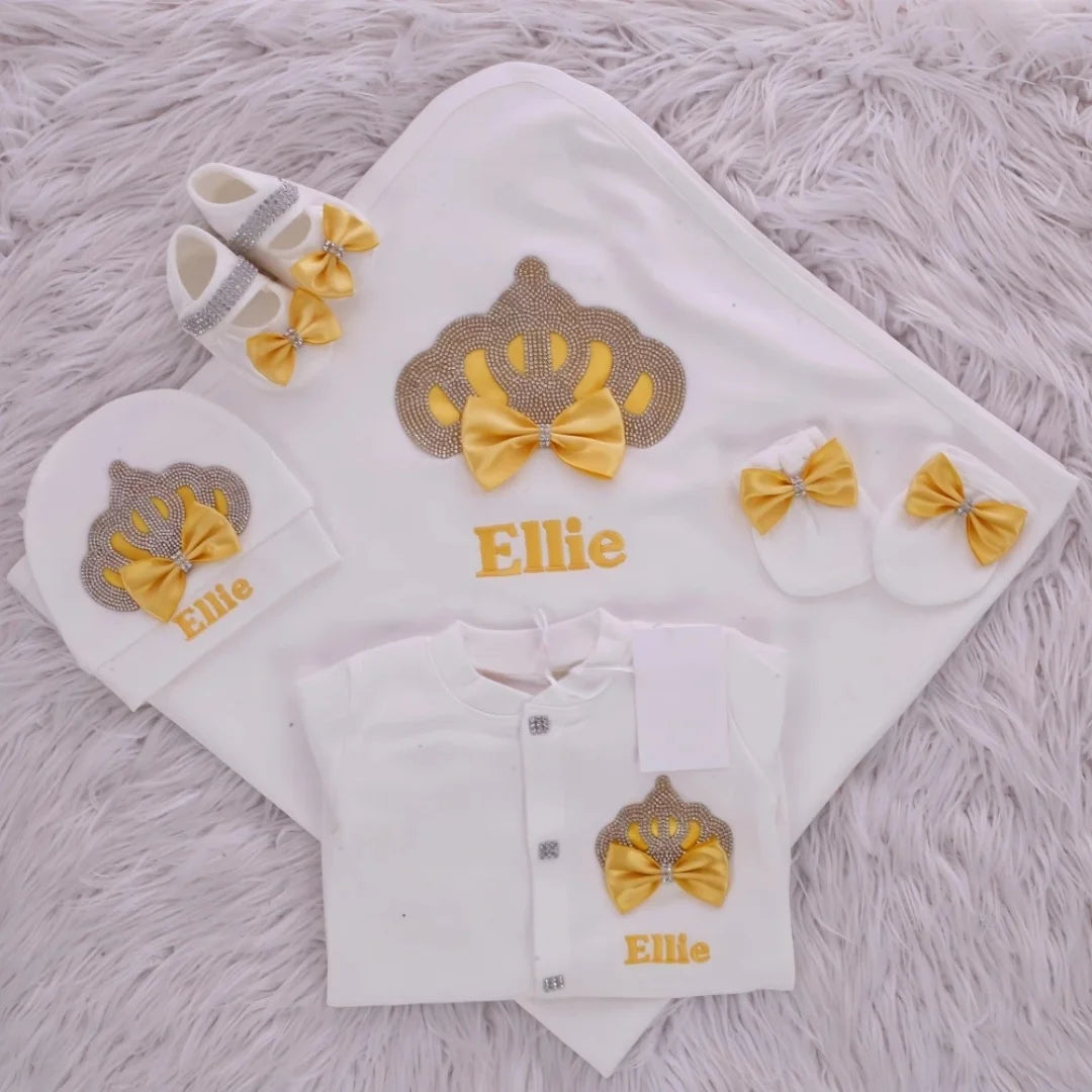 Customized Name Newborn Baby Boss Embroidery Lace Romper Outfit Infant Wrapped Baby Products Pants Mittens Receiving Blanket