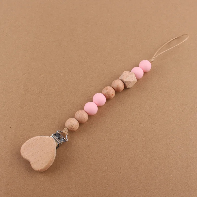 Baby products cartoon love beechwood pacifier clip creative baby silicone beads bite teeth pacifier chain