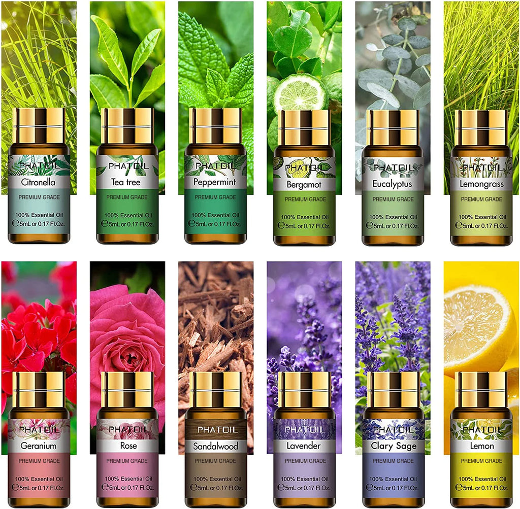 PHATOIL 12pcs Gift Box Pure Essential Oils for Humidifiers Diffuser Massage Spa Lavender Lemongrass Rose Lemon Geranium Tea tree