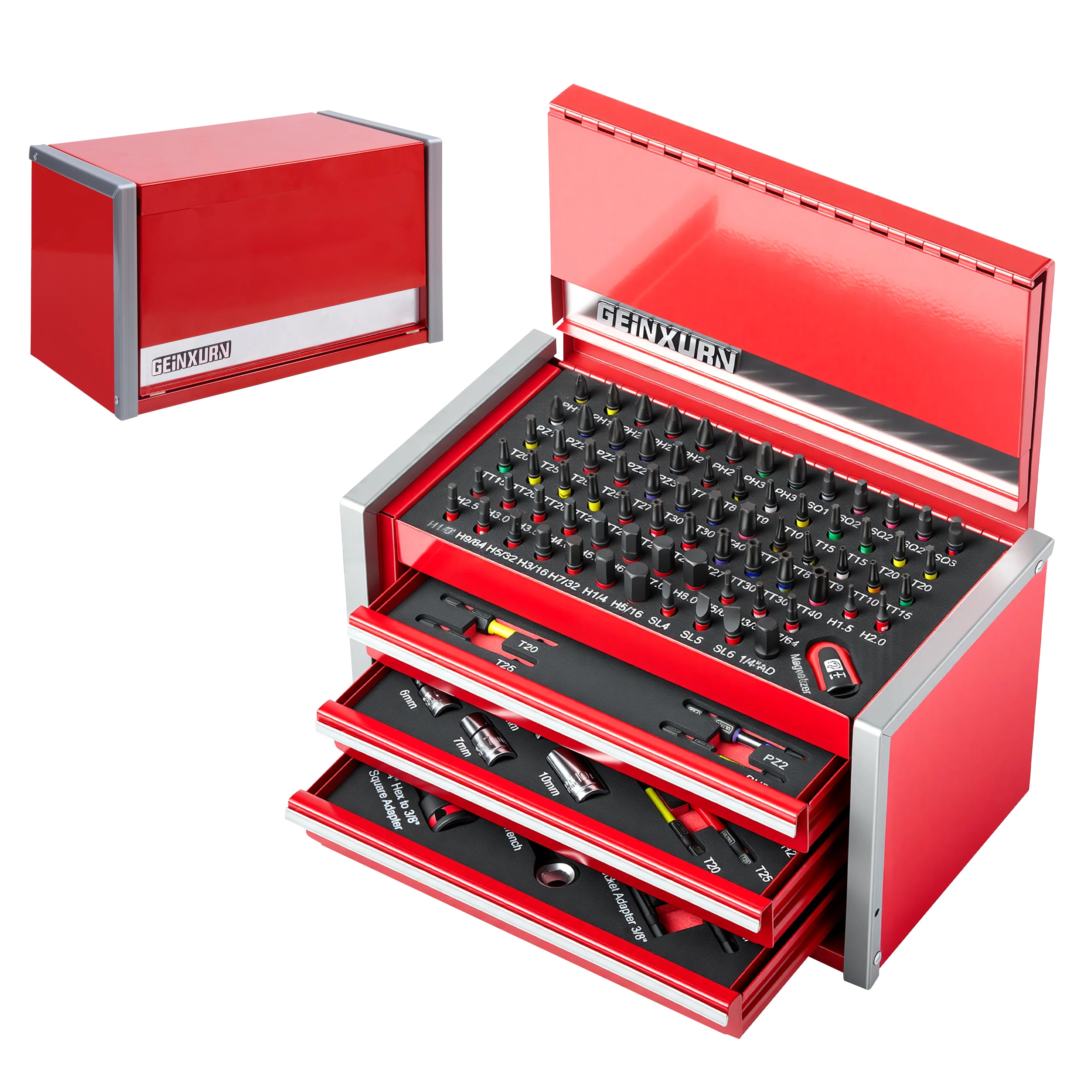 Geinxurn Professional Tool Set, 4-Drawer Red Tool Chest, High-Strength Socket Kit for Auto and Home Maintenance