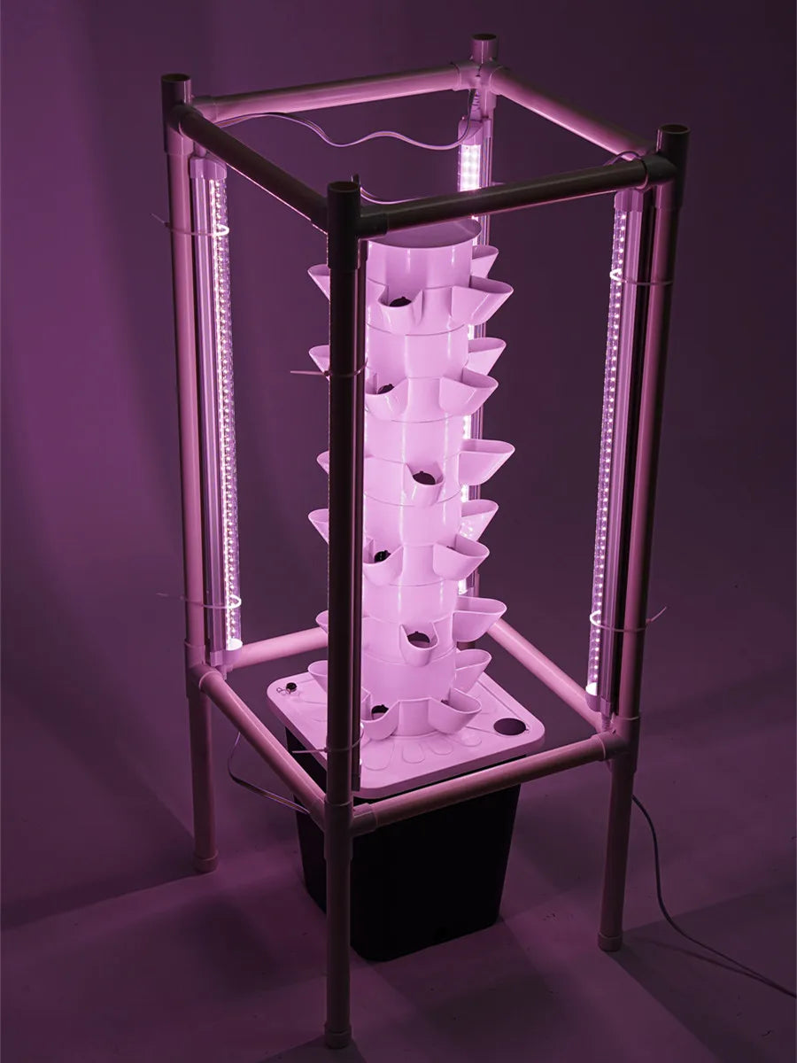 6-Tiers 30 Planting Holes Hydroponics Vertical Growing Kit, Tower Standing Soilless Vegetable Grower with LED & Water Tank