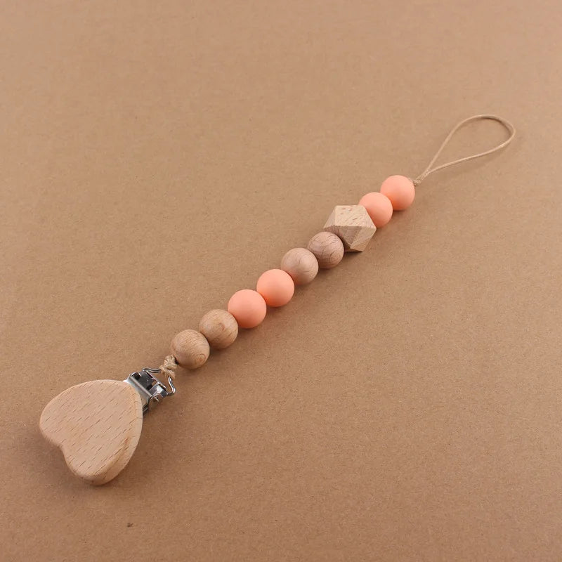 Baby products cartoon love beechwood pacifier clip creative baby silicone beads bite teeth pacifier chain