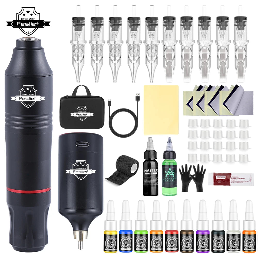 New 55 Pcs Tattoo Gun Kit Rotary  Complete Tattoo Kit with Power Supply  Mix 10 Piece Cartridge Needle for Beginners and Artists