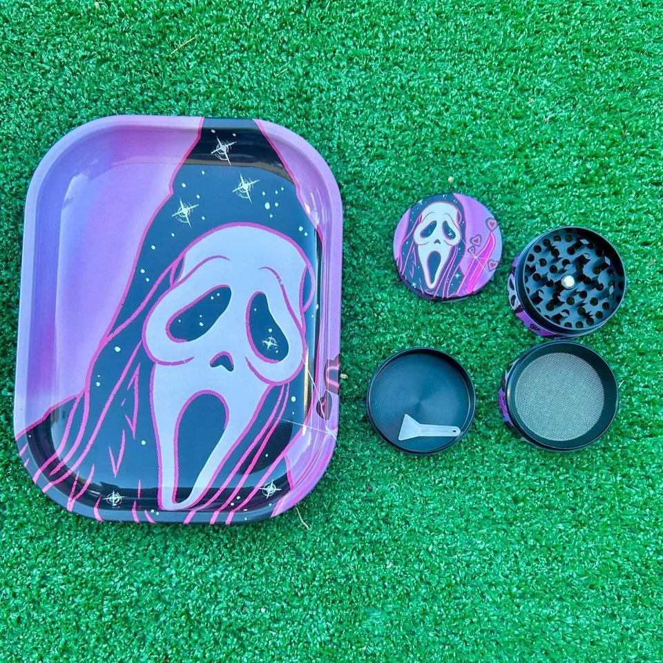 2 Pieces Spooky Ghost Halloween Rolling Tray Herb Grinder Kit Tobacco Smoke Accessories