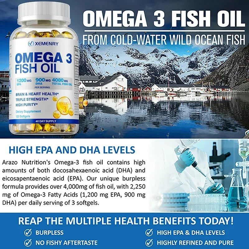 Omega-3 Fish Oil - Supports Brain Health, Cardiovascular and Skin Health, Antioxidant and Anti-inflammatory - 120 Capsules