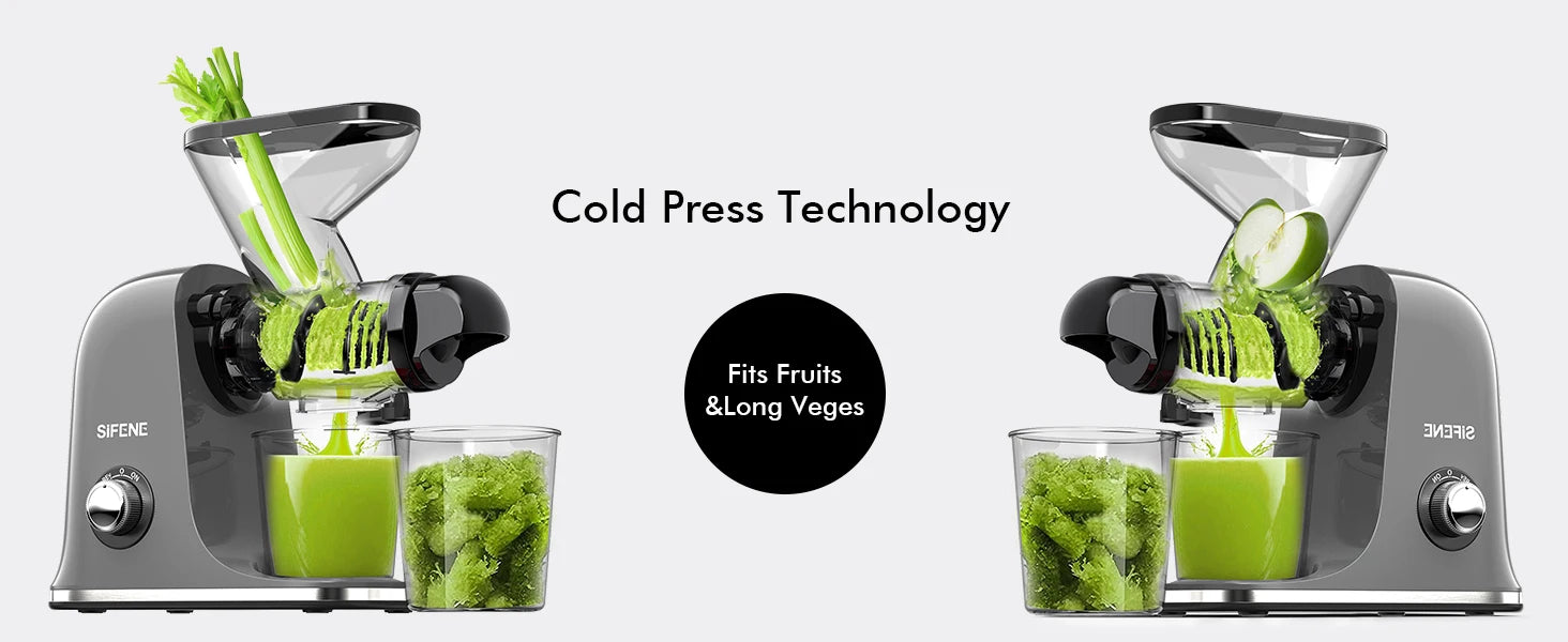 SiFENE Cold Press Juicer - Slow Masticating, High Yield for Fruits & Veggies, Dual-Mouth, Anti-Clog, Easy Clean, BPA-Free, Gray