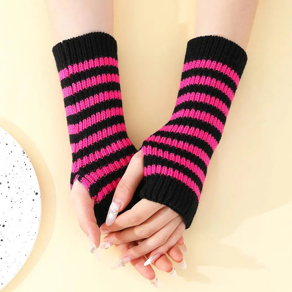 Women's Knitted Fingerless Arm Sleeves Gothic Style Striped Winter Long Arm Warmers Girls Harajuku Y2K Fashion Wrist Gloves
