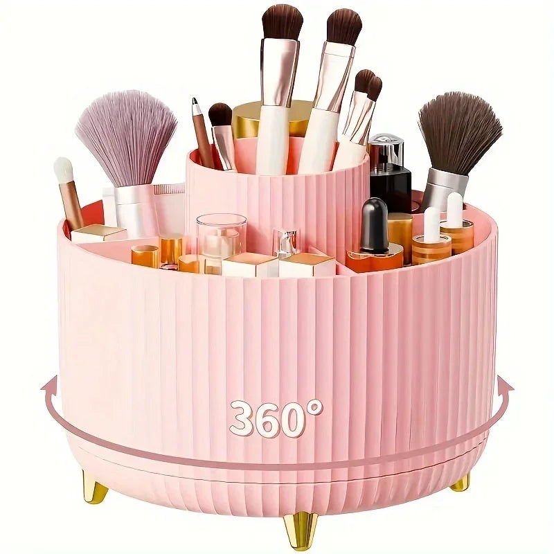 360° Rotating Makeup Organizer | 5 Compartments | Brushes, Lipstick & Cosmetic Holder