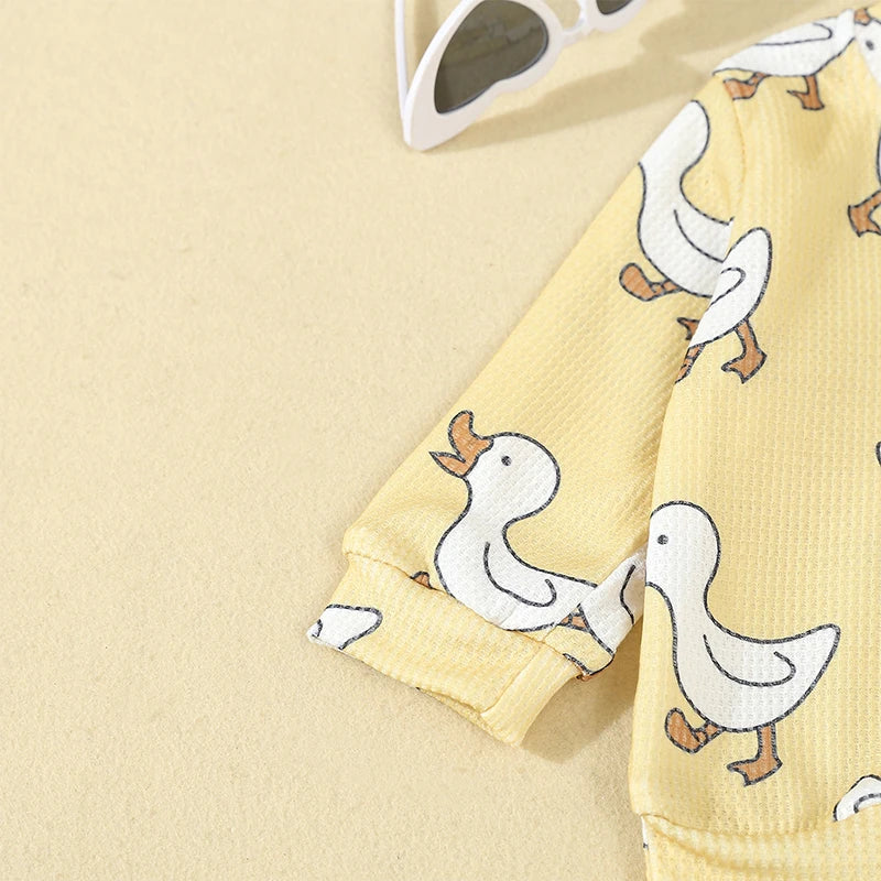 Cute Toddler Unisex Autumn Apparel Set with Adorable Duck Pattern Sweatshirt and Cozy Waffle Texture Pants for Boys and Girls