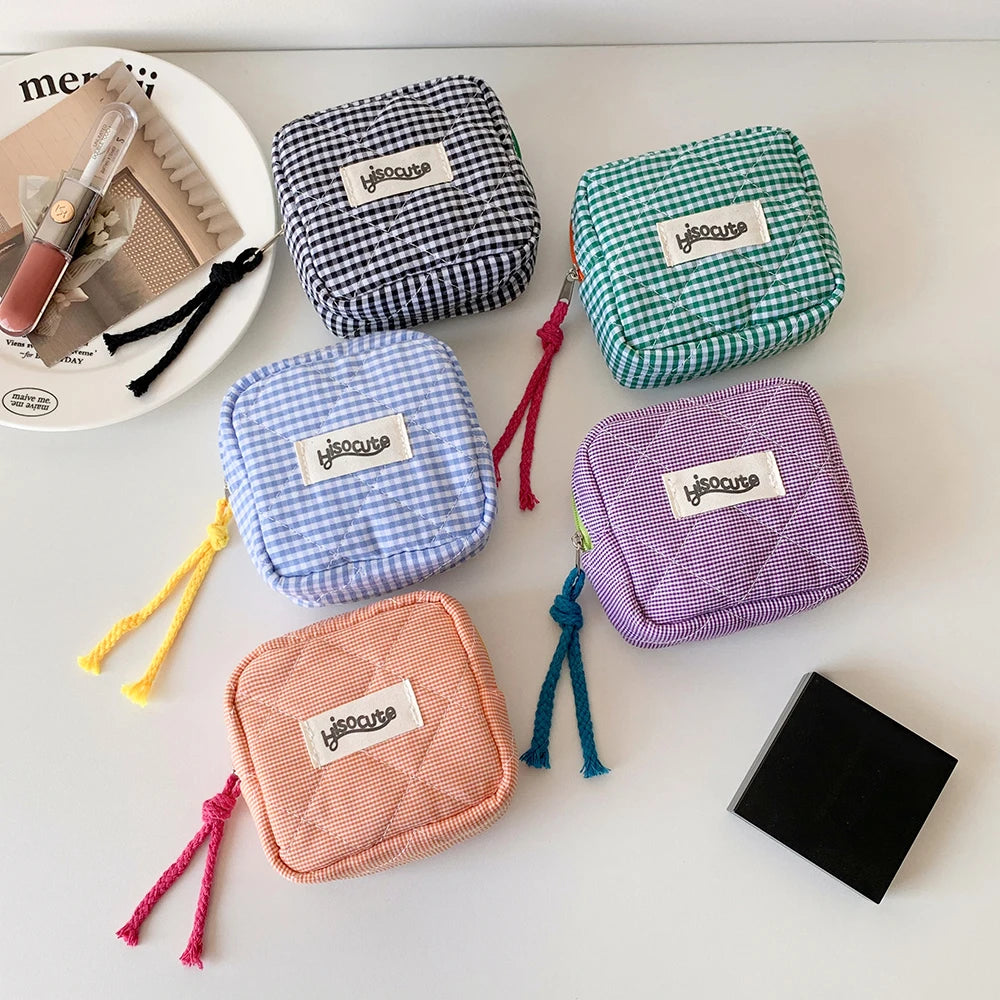 Ins Style Plaid Mini Coin Purse Portable Cosmetic Storage Bag Lady's Lipstick Bag and Card Holder Kawaii Tofu Pillow Bag