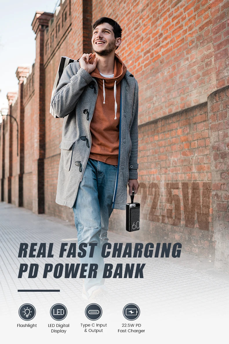 hganus Power Bank 60000mAh | QC PD3.0 22.5W | 4 Puertos | Linterna LED | Pantalla Digital | iPad, iPhone y Xiaomi