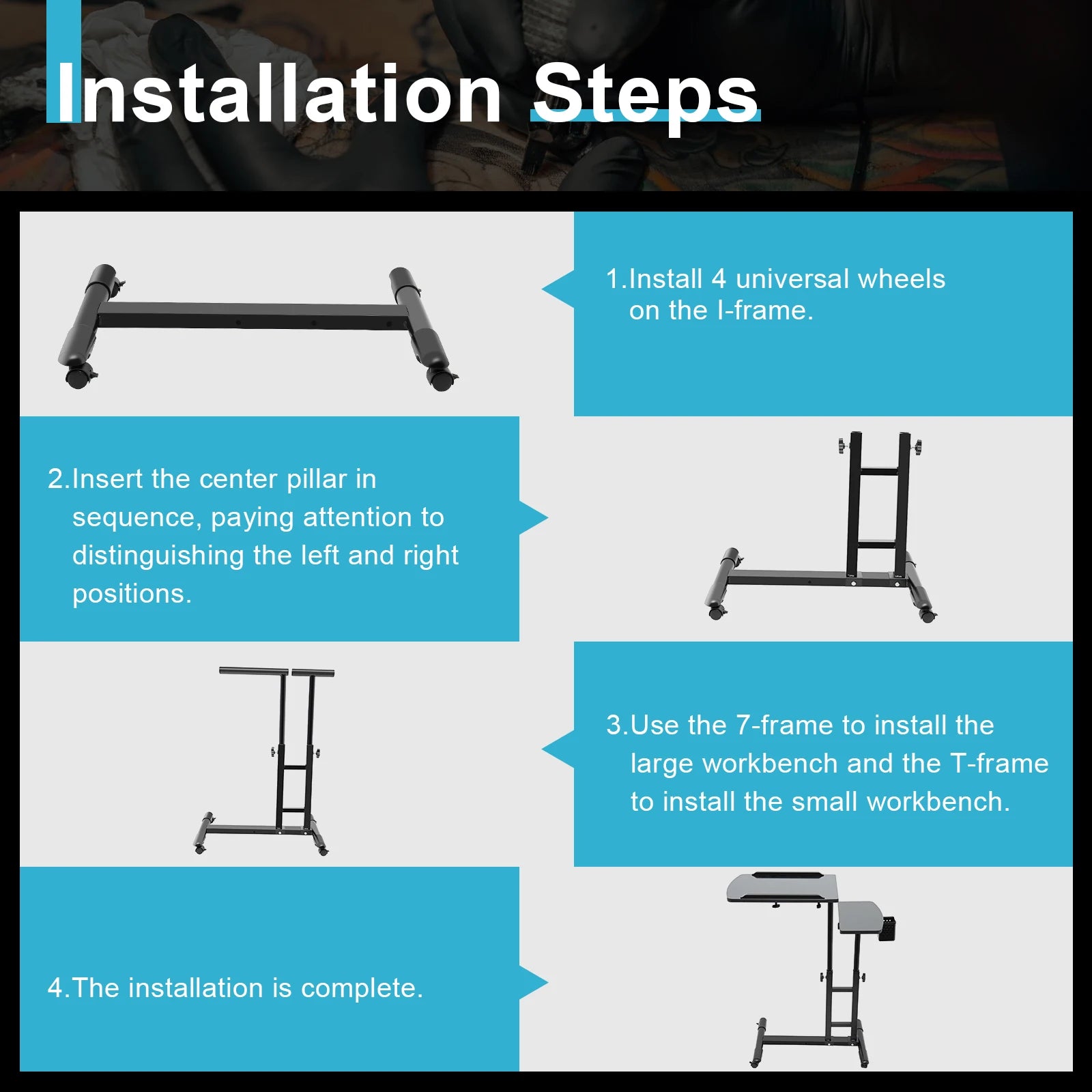 Portable Adjustable Height Tattoo Workstation Dual Surface Black Iron & Density Board Table 57.5-90cm12.5kg Load-Bearing