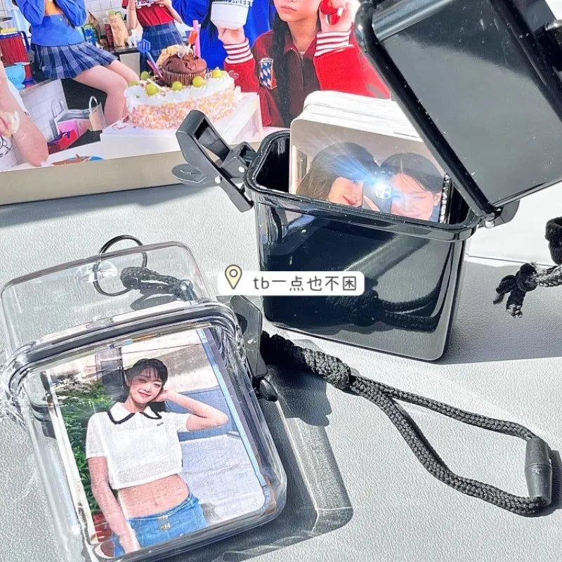 3 Inch Transparent Storage Box Photocard Holder With Rope Waterproof Card Case Outdoor Square Dustproof Box Photo Storage Box
