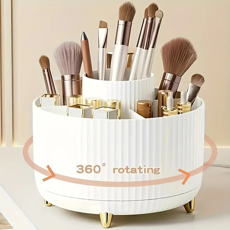 360° Rotating Makeup Organizer | 5 Compartments | Brushes, Lipstick & Cosmetic Holder