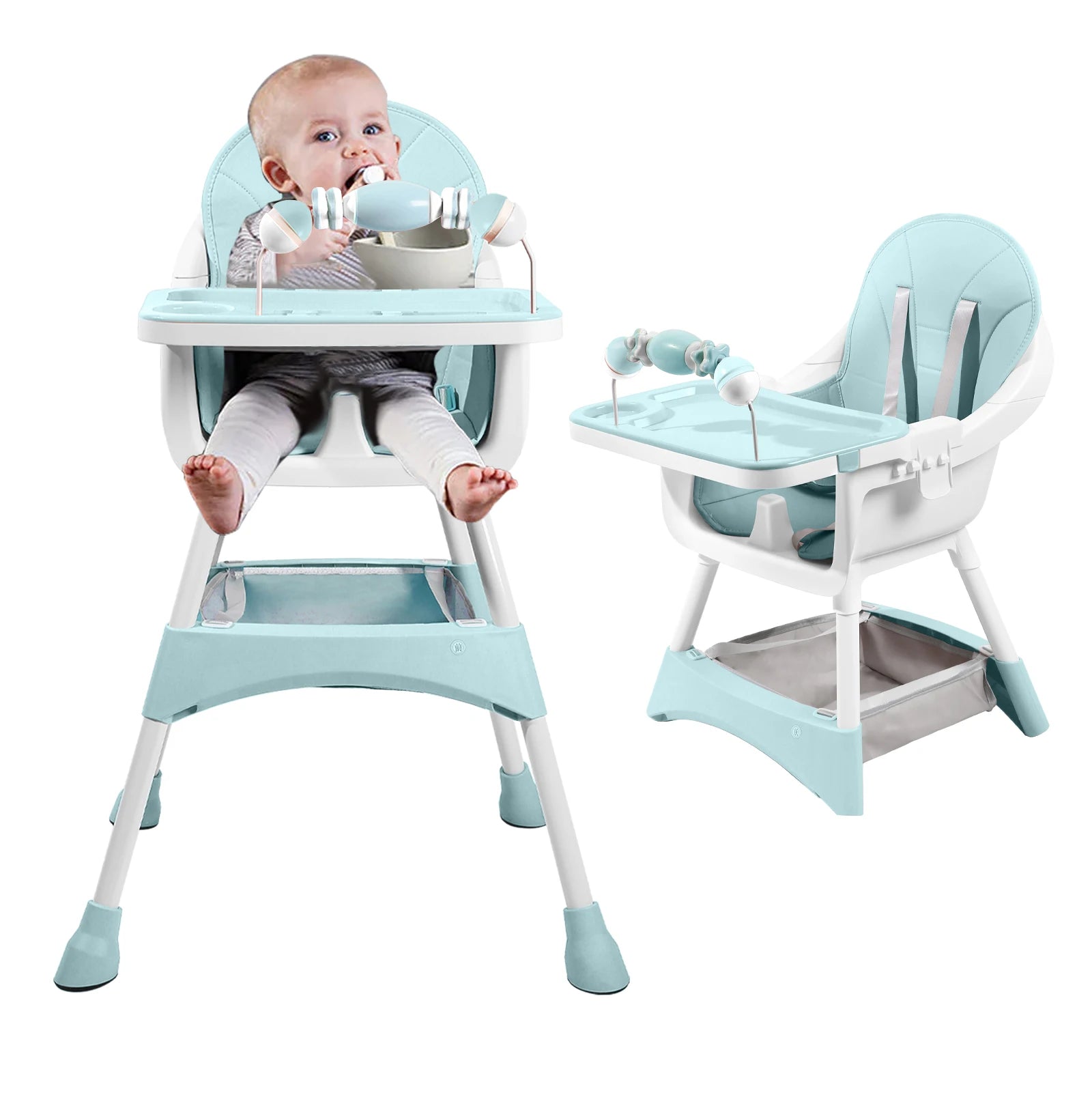 Silla Alta Portátil para Bebé | Convertible | Doble Plato y Porta Juguetes