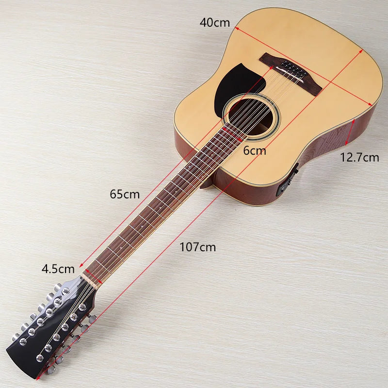 Guitarra Acústica de 12 Cuerdas 41" | Madera Spruce | Diseño Folk | Negro y Natural 🎸