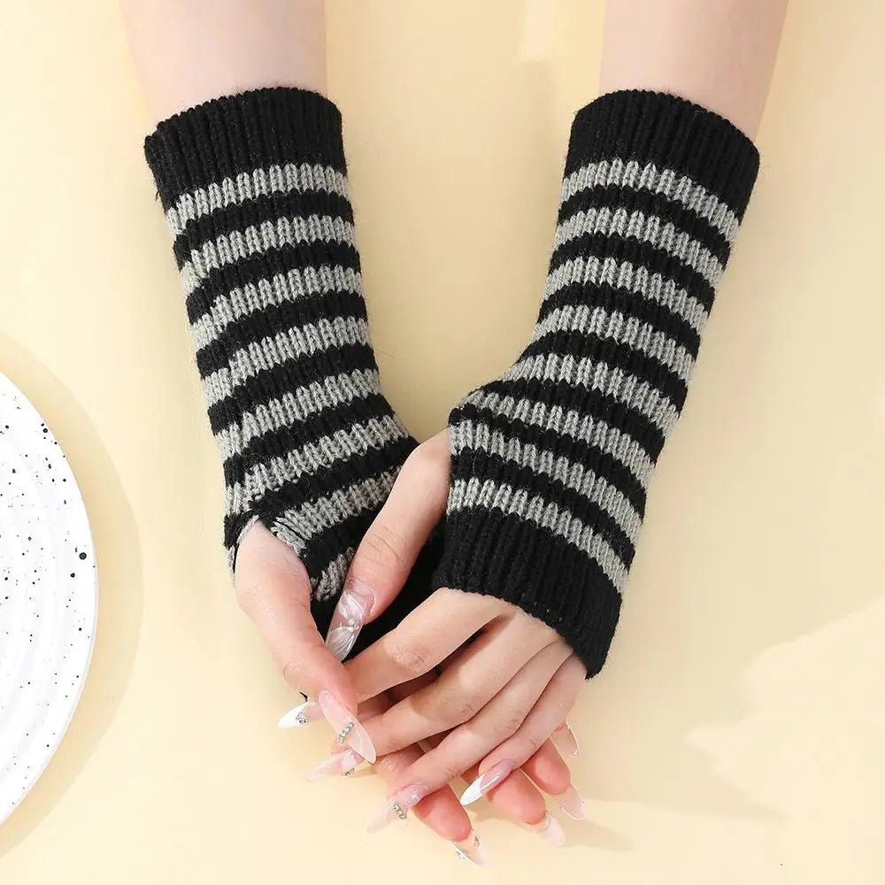 Women's Knitted Fingerless Arm Sleeves Gothic Style Striped Winter Long Arm Warmers Girls Harajuku Y2K Fashion Wrist Gloves