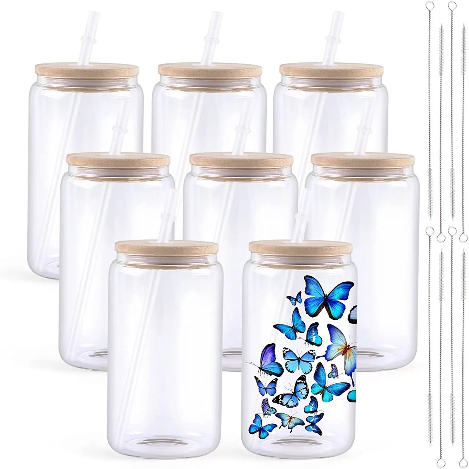 HTVRONT 8-24 Pack Frosted Sublimation Glass With Bamboo Lid Cups With Straws 16OZ Tumbler for Beer, Juice, Soda, Iced Coffee