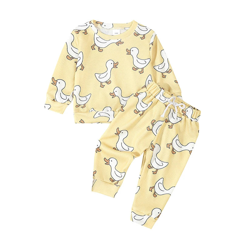 Cute Toddler Unisex Autumn Apparel Set with Adorable Duck Pattern Sweatshirt and Cozy Waffle Texture Pants for Boys and Girls
