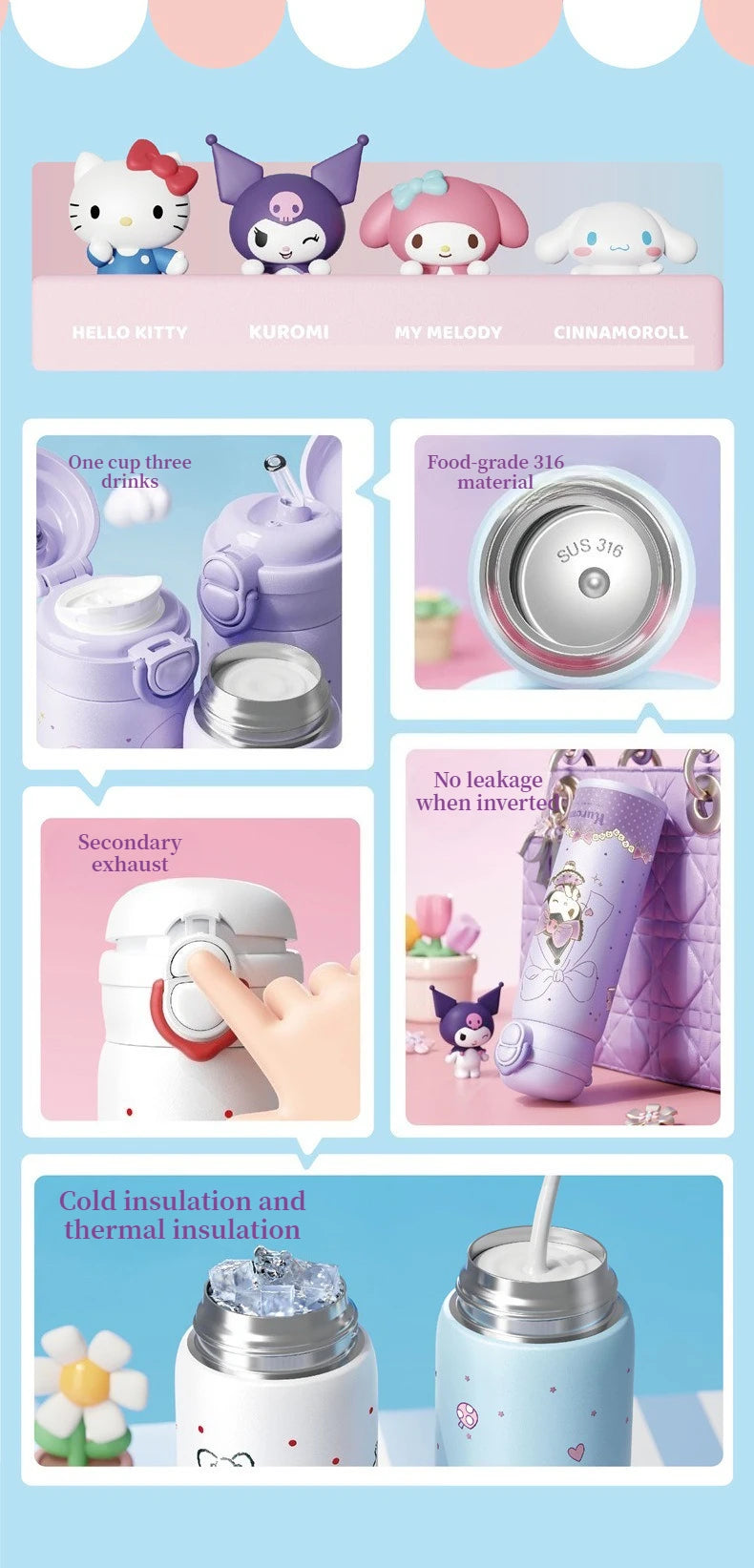 X&W 500ML for Sanrio My Melody Thermos Cups Cartoon Stainless Steel Vacuum Flask Student Cute Insulated Water Bottles Kids Cup