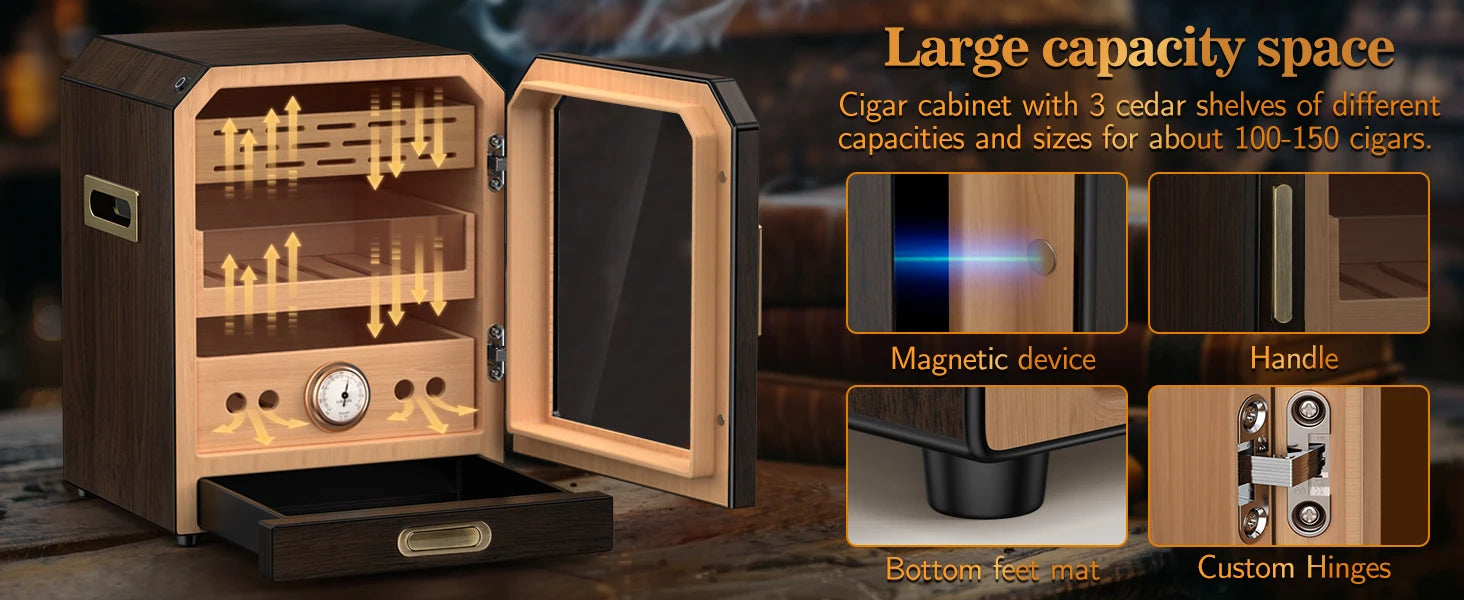 Cigar Humidor, Lighted Control Magnetic Door, with Cigar Accessory Drawer and 2 humidifiers 3 Layer Large Capacity Storage