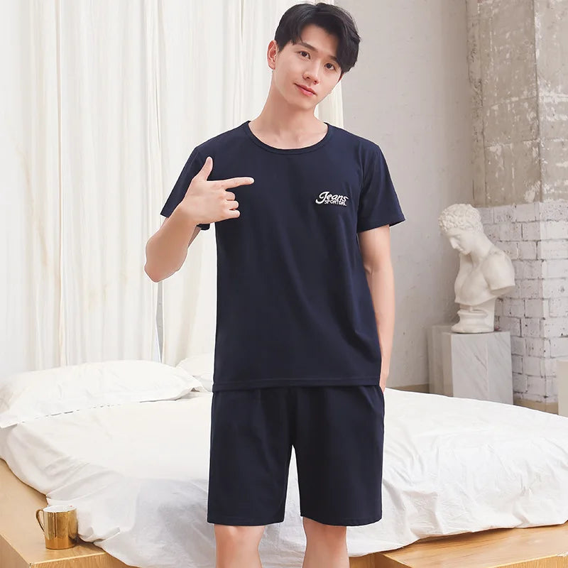 Cotton Men's Pajama Top and Pants Loungewear Athletic Casual Loose Nightwear Set Striped Sleepwear Homewear Two Piece Big Size