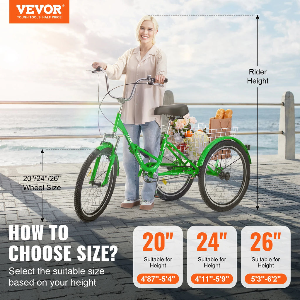 SucceBuy 20/24/26-Inch Folding Adult Tricycle Carbon Steel 3 Wheel Cruiser Shopping Picnic Foldable For Women Men  Seniors